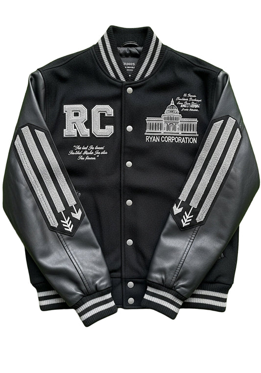 Black Varsity Jacket with Gray Accents & Embroidery