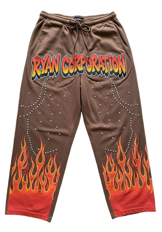 Brown Sweatpants with Flame Graphics, Gradient Text, and Stud Accents – Ryan Corporation