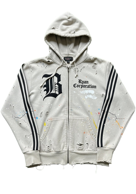 Distressed Off-White Zip Hoodie  Gothic "B" Branddept Vintage Style