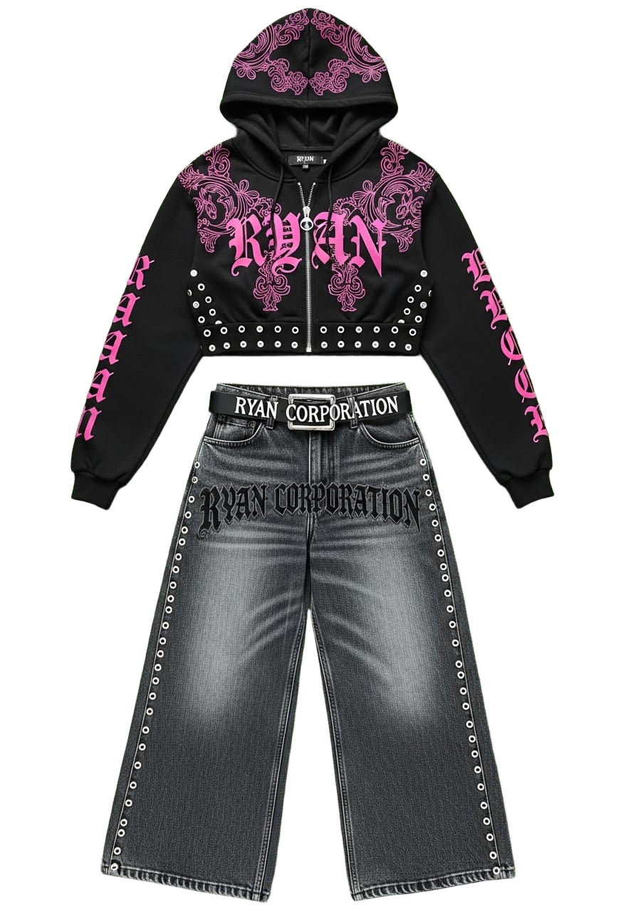 Black Cropped Hoodie & Dark Wash Jeans with Ryan Corporation Gothic Design