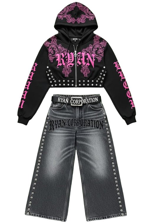 Black Cropped Hoodie & Dark Wash Jeans with Ryan Corporation Gothic Design