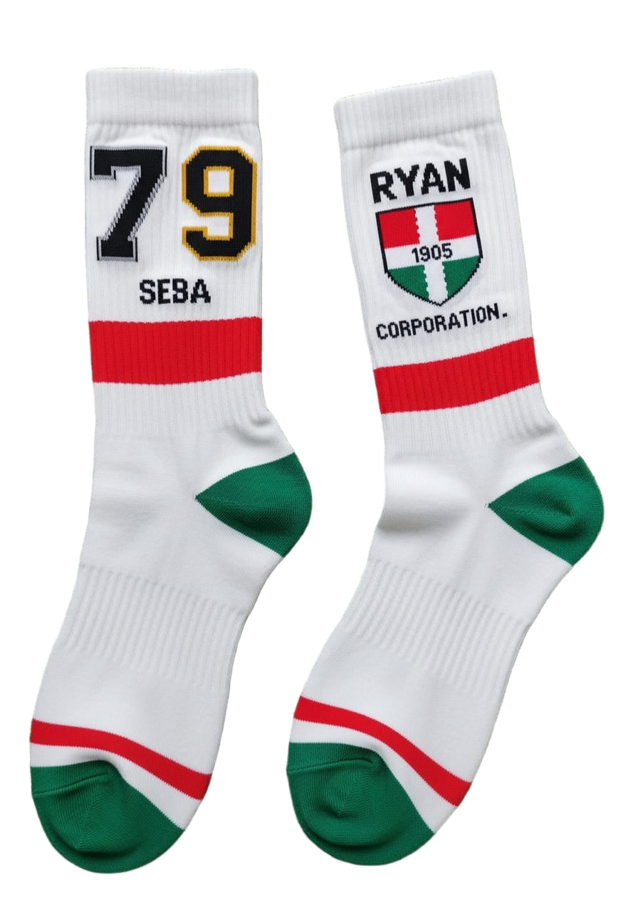White Athletic Socks with Green & Red Accents and Black Print