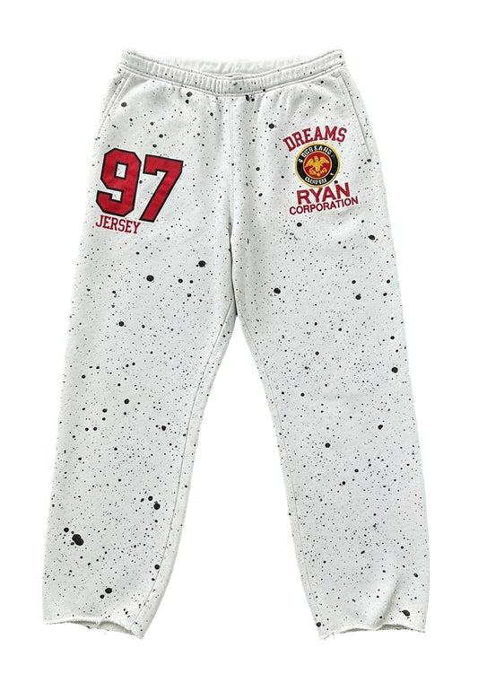 White Baggy Sweatpants with Grunge Pattern and Graphic Accents  Ryan Corporation