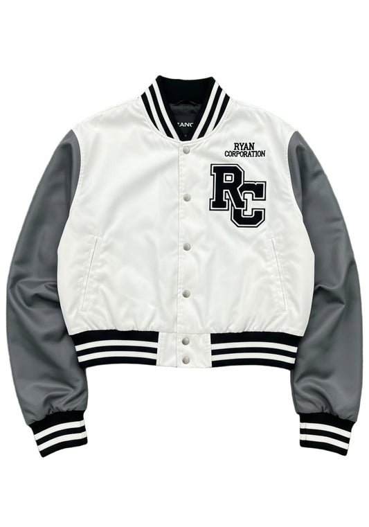 White & Charcoal Varsity Cropped Jacket  Ryan Corporation
