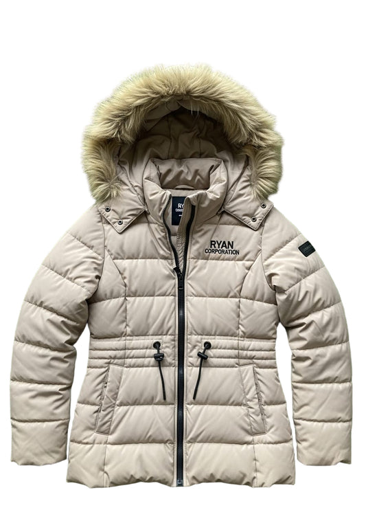 Women’s Beige Puffer Jacket with Fur Lined Hood