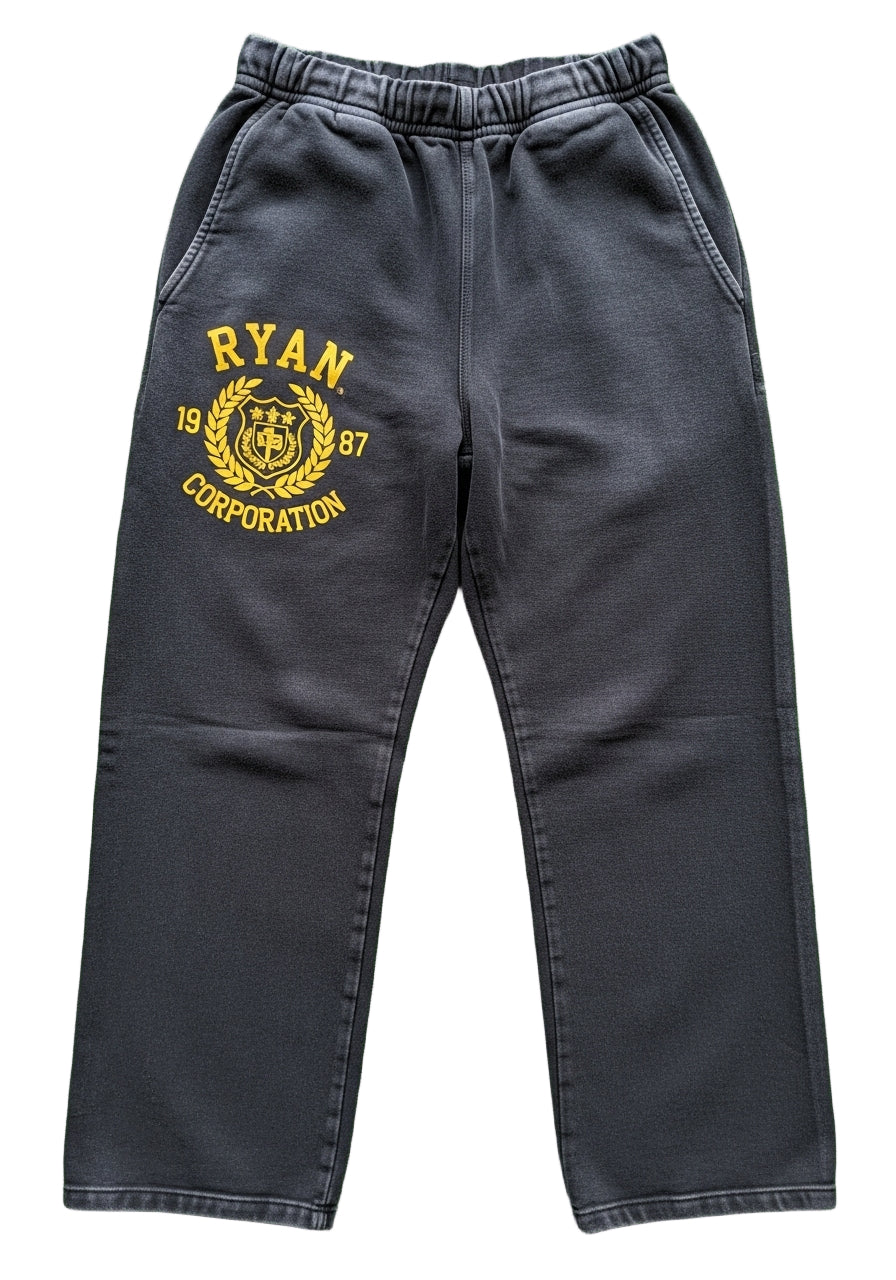 Black Distressed "RYAN CORPORATION" Sweatpants – Gold Emblem Detail