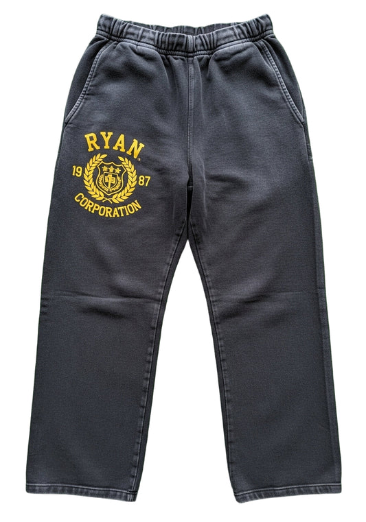 Black Distressed "RYAN CORPORATION" Sweatpants – Gold Emblem Detail