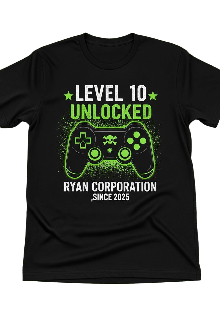 Ryan Corporation “Level 10 Unlocked” Gaming Graphic T-Shirt  Black