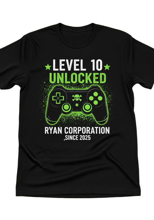 Ryan Corporation “Level 10 Unlocked” Gaming Graphic T-Shirt  Black