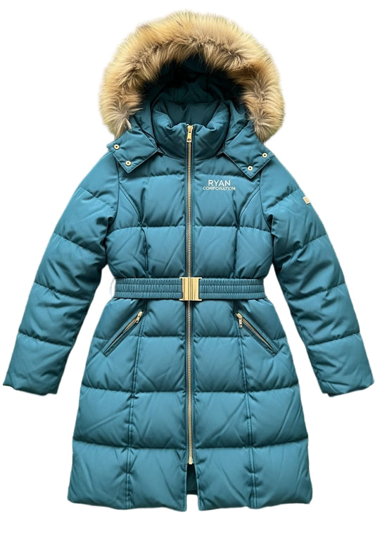 Teal Full Length Puffer Coat with Faux Fur Hood