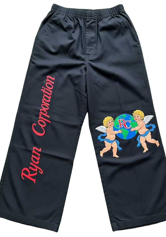 Black Wide-Leg Pants with Red Script and Cherub Graphic – Ryan Corporation