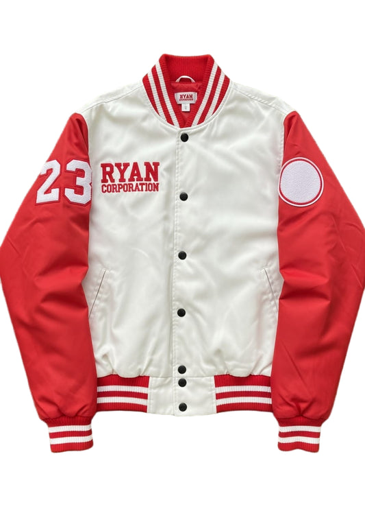 Ryan Corporation White & Red Varsity Jacket with Embroidered Logo